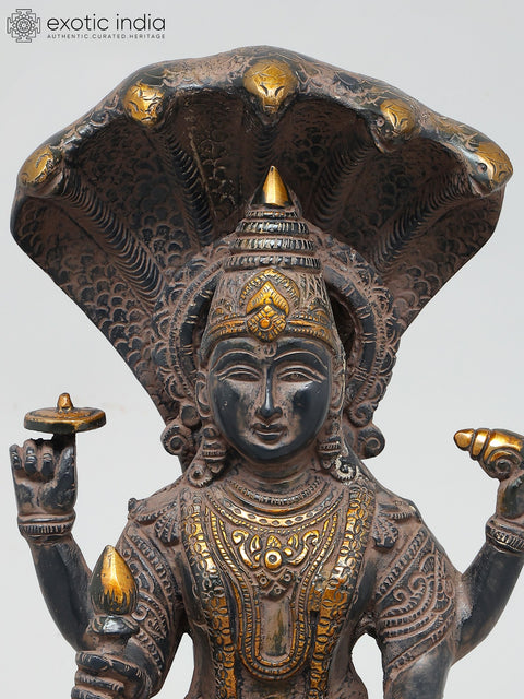 12" Four Armed Lord Vishnu Seated on Sheshnag | Brass Statue | Handmade | Made In India
