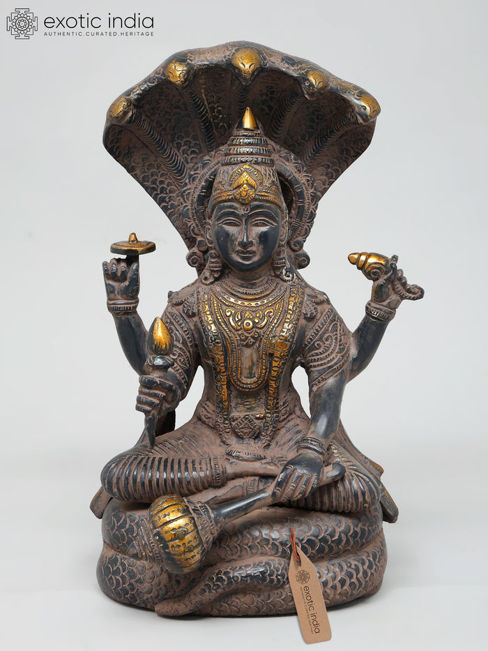 12" Four Armed Vishnu on Sheshnag Brass Statue Handmade