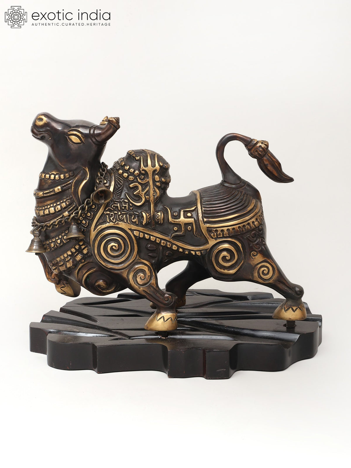 Nandi Bull Brass Statue on Wooden Base - Lord Shiva Handmade Idol