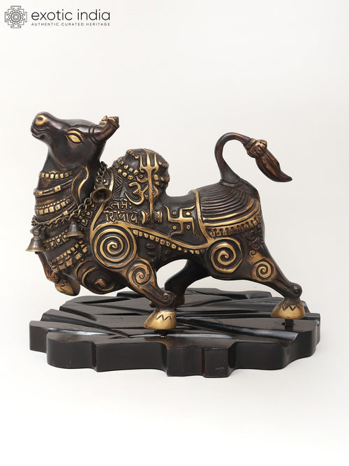 Nandi Bull Brass Statue on Wooden Base - Lord Shiva Handmade Idol