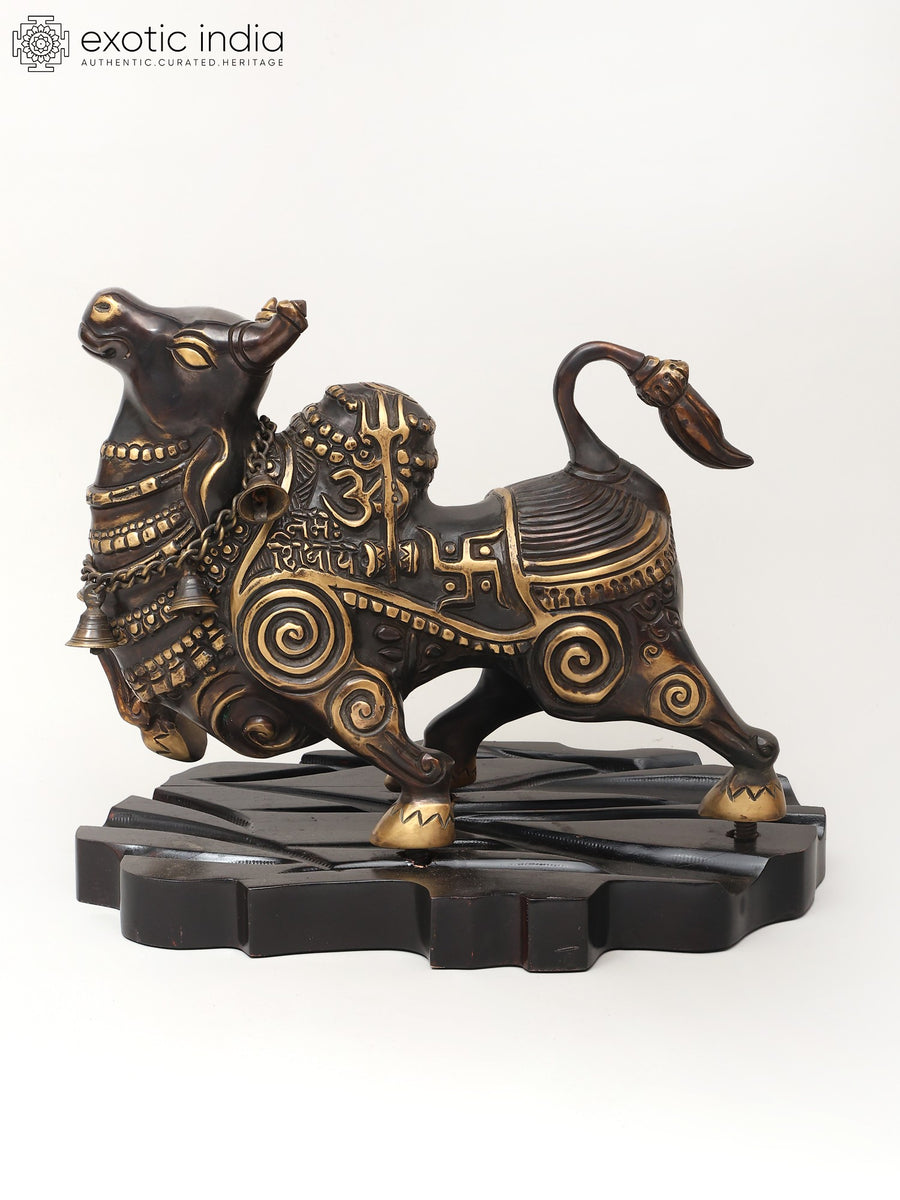 Nandi Bull Brass Statue on Wooden Base - Lord Shiva Handmade Idol