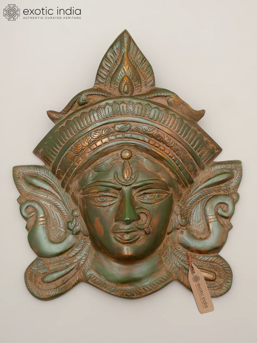 14" Goddess Durga Brass Wall Hanging Mask Statue