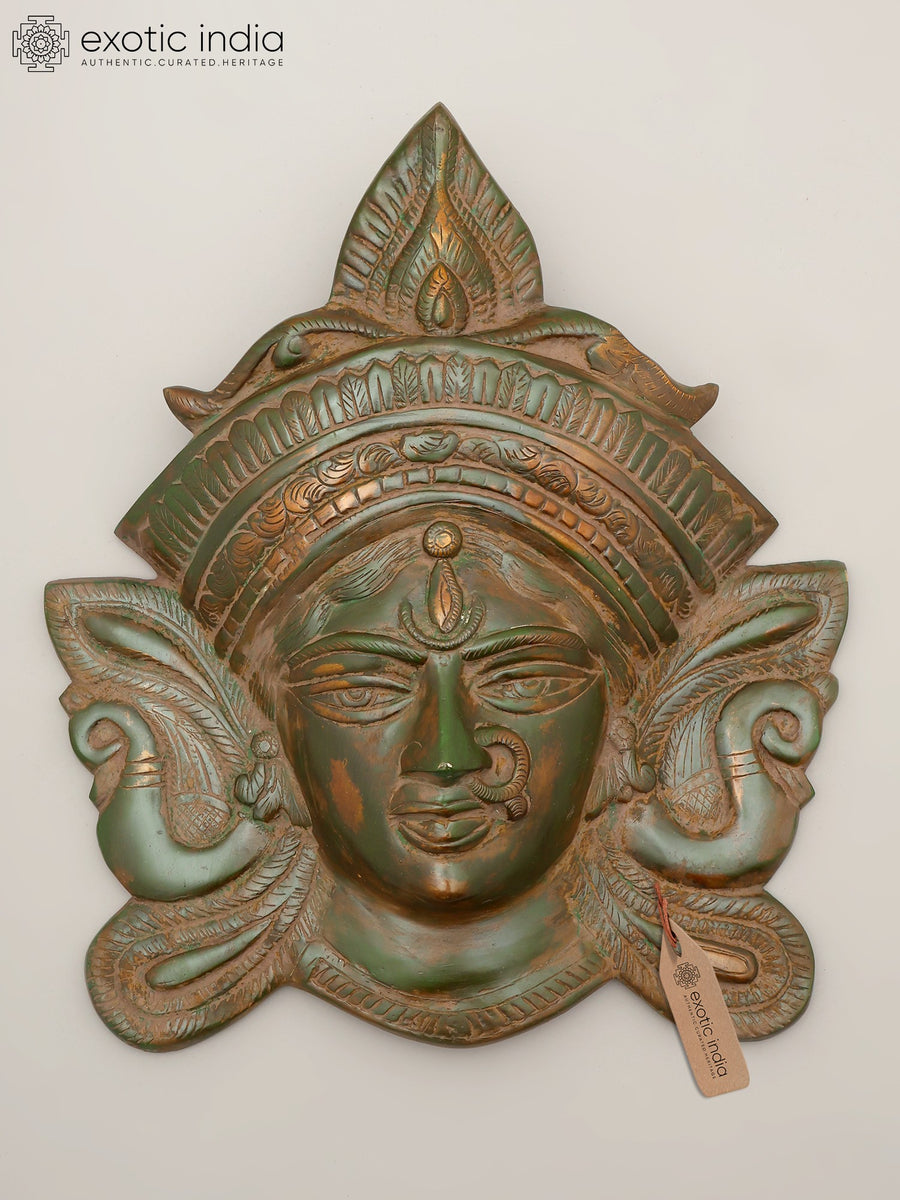 14" Goddess Durga Brass Wall Hanging Mask Statue