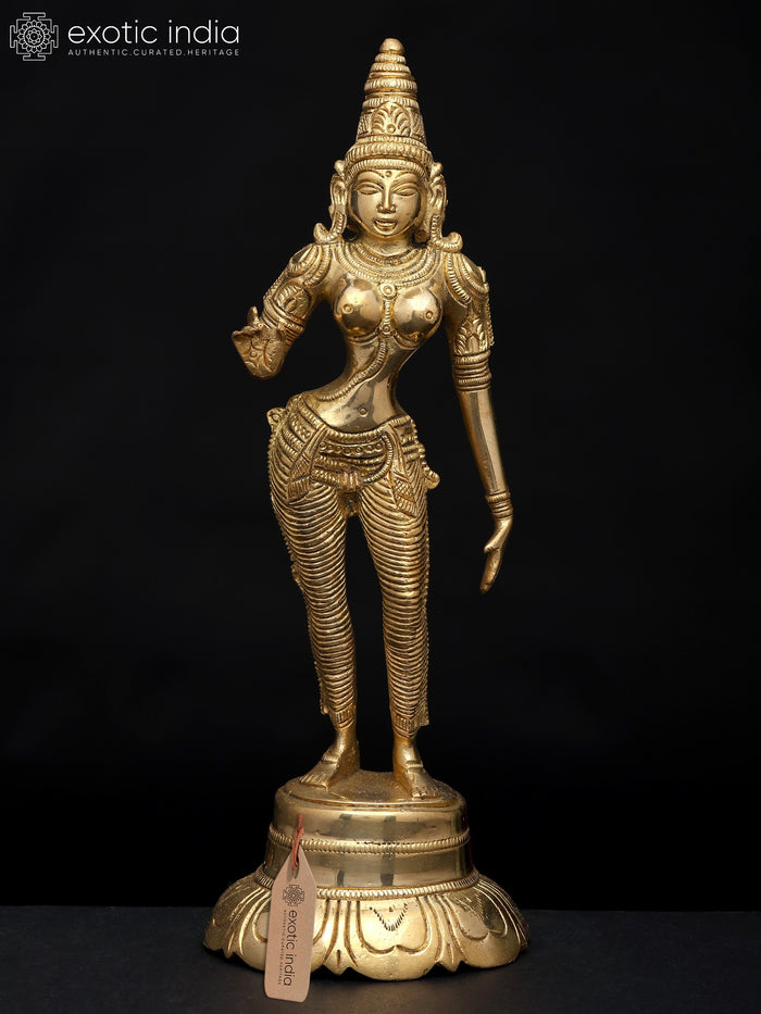 9" Goddess Uma (Parvati) Standing on Lotus Pedestal | Brass Statue