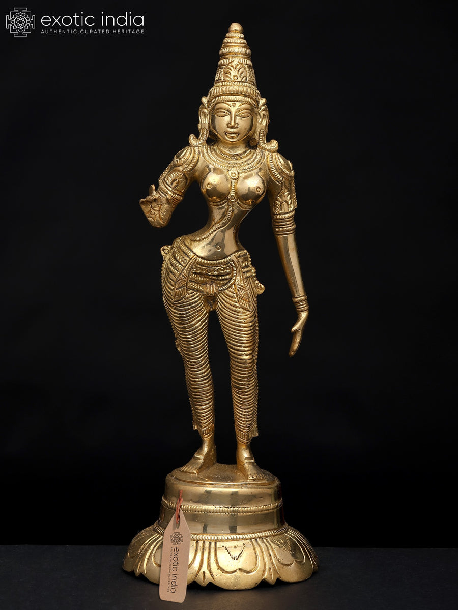 9" Goddess Uma Parvati Brass Statue Standing on Lotus Pedestal