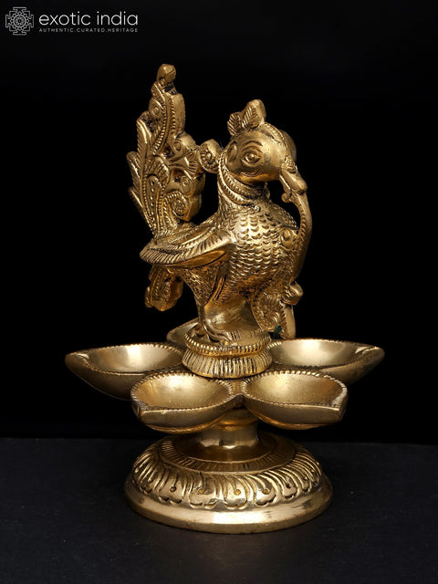 5" Five Wicks Peacock Design Oil Lamp (Deepam/Diya) in Brass