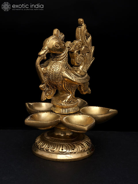 5" Five Wicks Peacock Design Oil Lamp (Deepam/Diya) in Brass