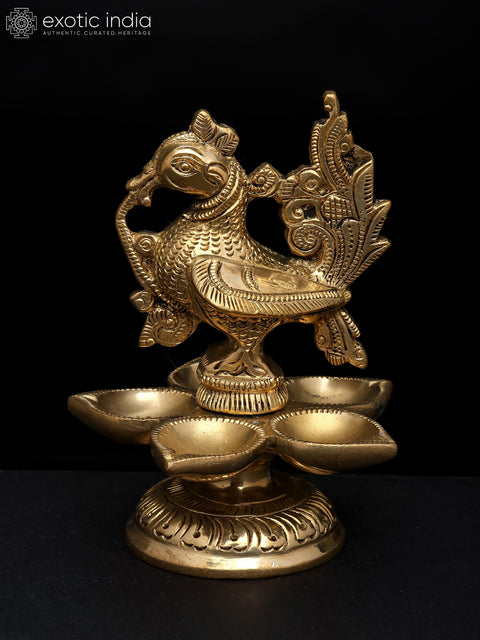 5" Five Wicks Peacock Design Oil Lamp (Deepam/Diya) in Brass