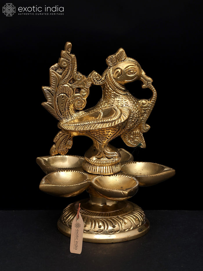5" Peacock Design Brass Oil Lamp Five Wicks Deepam Handmade