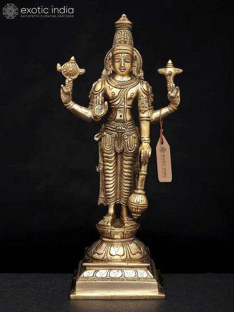 12" Chaturbhuja Lord Vishnu with Conch, Chakra, Mace and Lotus | Brass Sculpture