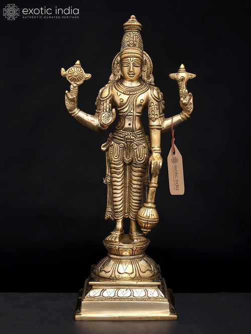 12" Chaturbhuja Lord Vishnu Brass Sculpture with Sacred Symbols