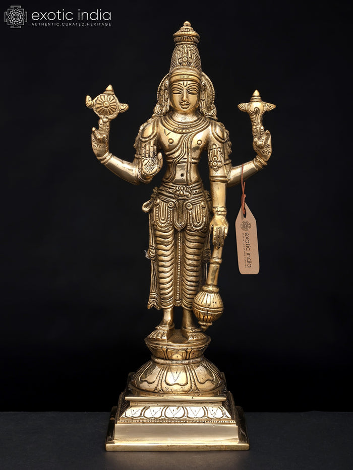12" Chaturbhuja Lord Vishnu Brass Sculpture with Sacred Symbols