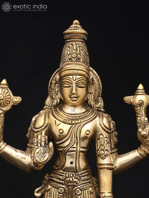 12" Chaturbhuja Lord Vishnu with Conch, Chakra, Mace and Lotus | Brass Sculpture