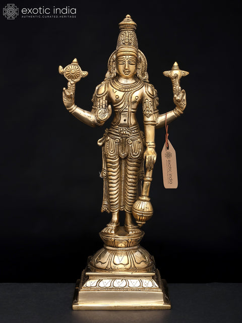 12" Chaturbhuja Lord Vishnu with Conch, Chakra, Mace and Lotus | Brass Sculpture