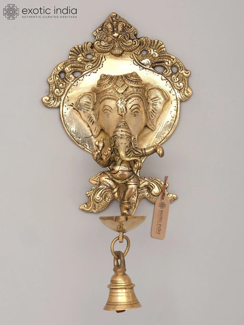 9" Lord Ganesha Wall Hanging Brass Oil Lamp with Bell