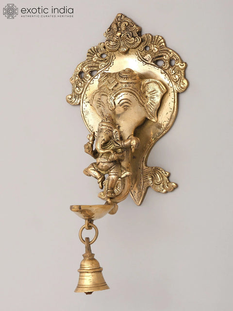 9" Lord Ganesha Wall Hanging Brass Oil Lamp with Bell