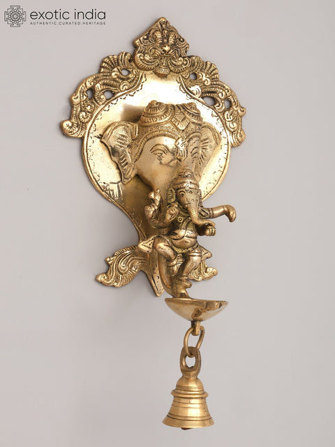 9" Lord Ganesha Wall Hanging Brass Oil Lamp with Bell