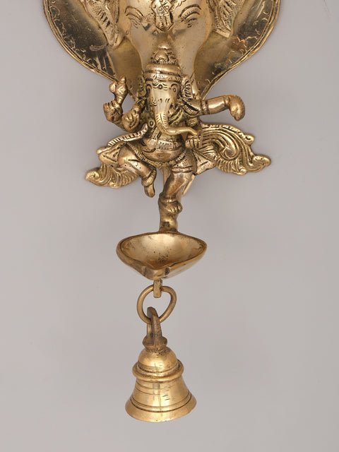 9" Lord Ganesha Wall Hanging Brass Oil Lamp with Bell