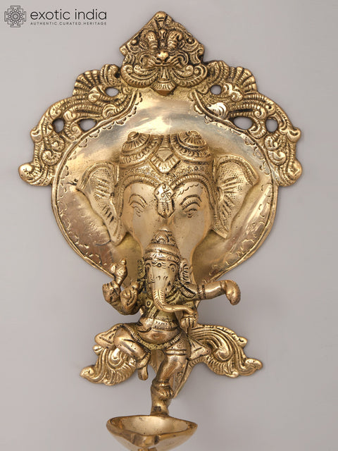 9" Lord Ganesha Wall Hanging Brass Oil Lamp with Bell