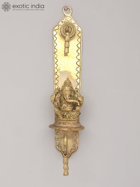 9" Traditional Wall Mounted Ganesha Oil Lamp With Bell in Brass