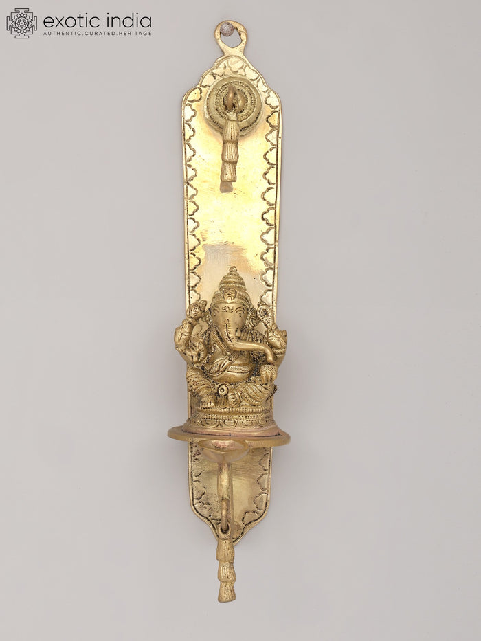 9" Traditional Wall Mounted Ganesha Oil Lamp With Bell in Brass