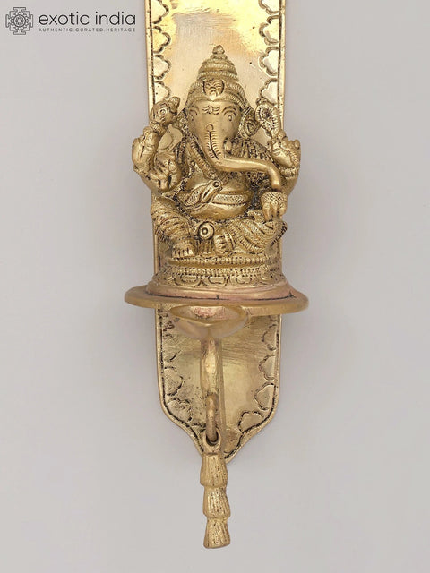 9" Traditional Wall Mounted Ganesha Oil Lamp With Bell in Brass
