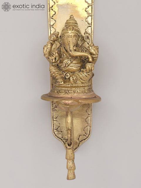 9" Traditional Wall Mounted Ganesha Oil Lamp With Bell in Brass