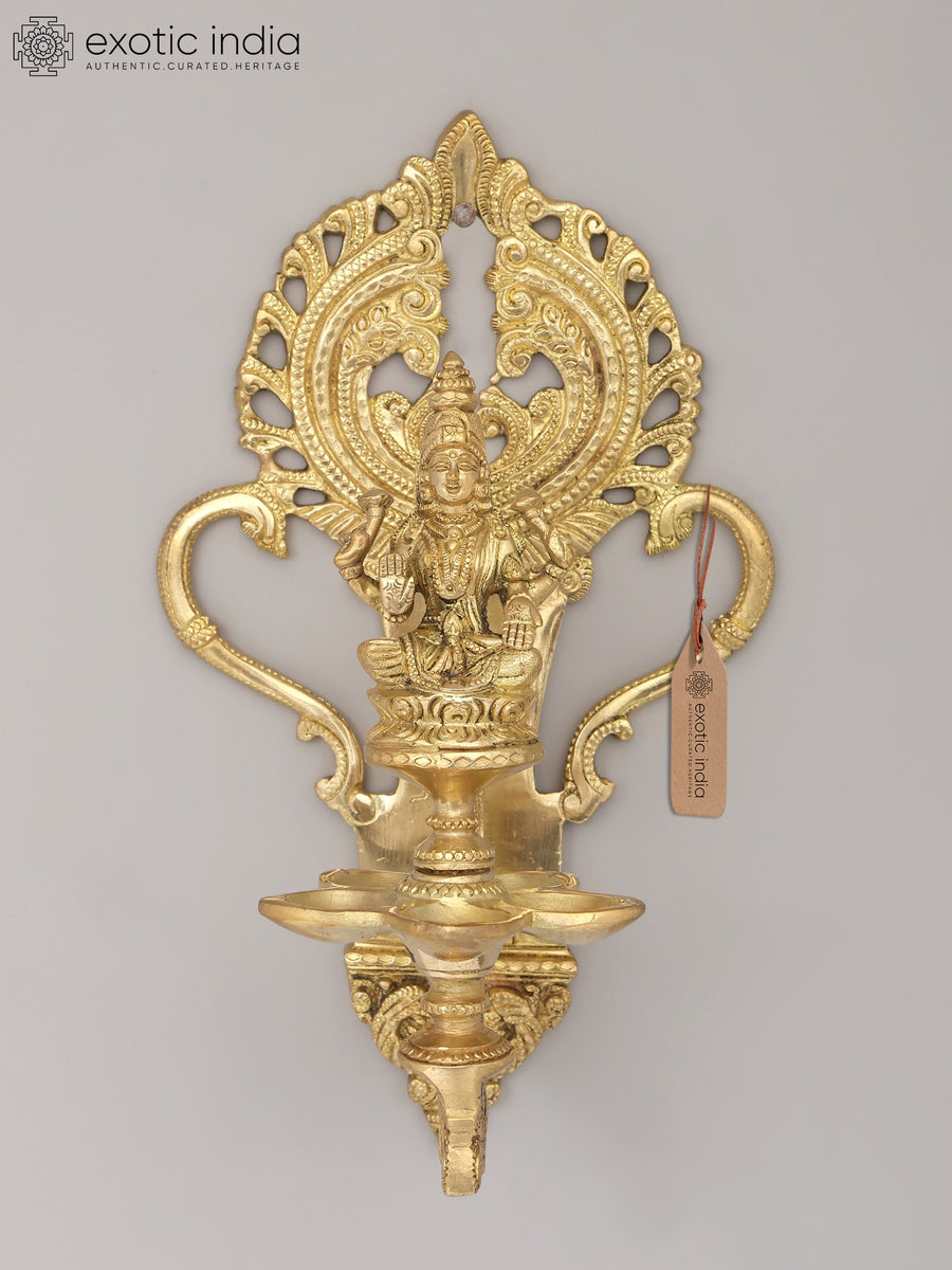 11" Goddess Lakshmi Brass Wall Hanging Oil Lamp for Pooja
