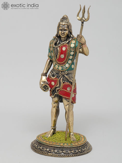 8" Superfine Standing Lord Shiva | Brass Statue with Inlay Work