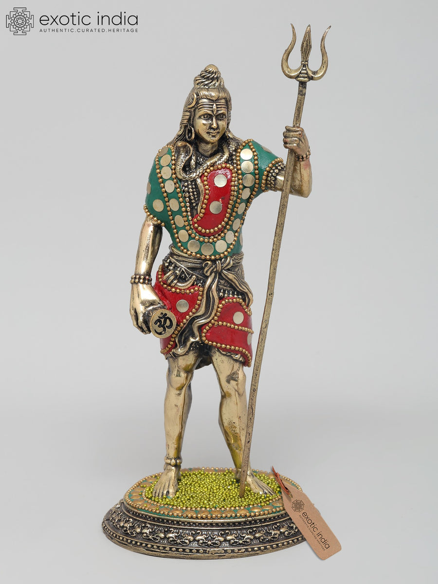 8" Superfine Standing Lord Shiva Brass Statue with Inlay Work