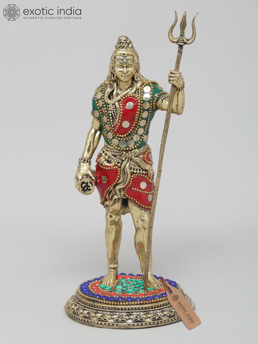 8" Brass Mahadev Trishul Statue with Handmade Inlay Work