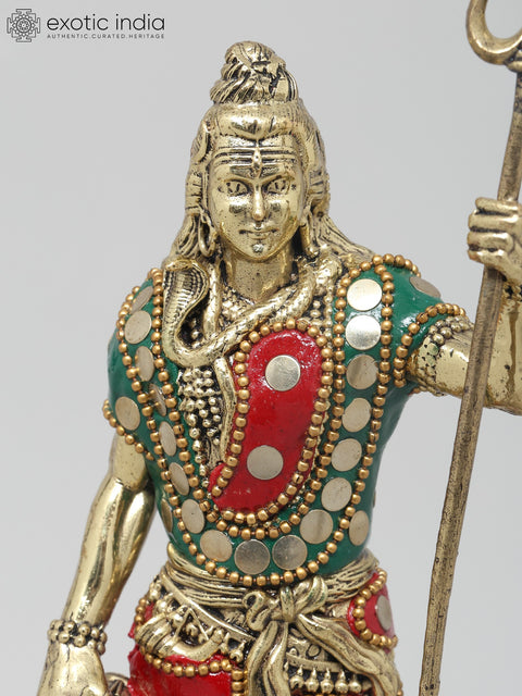 8" Superfine Trishul Dhari Mahadev | Brass Statue with Inlay Work