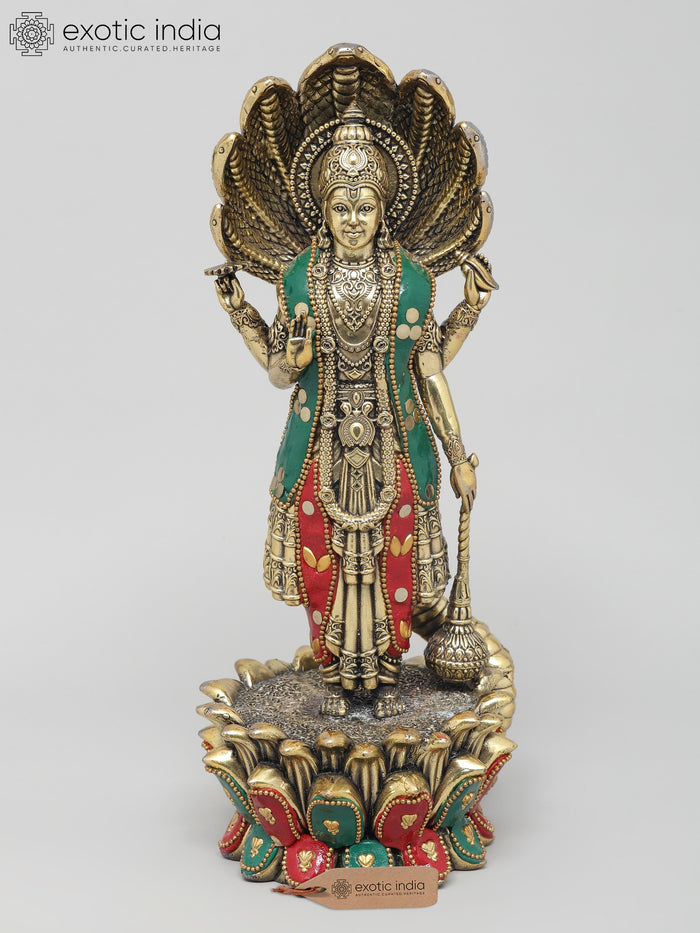 10" Four Armed Vishnu Brass Statue with Sheshnag and Inlay Work