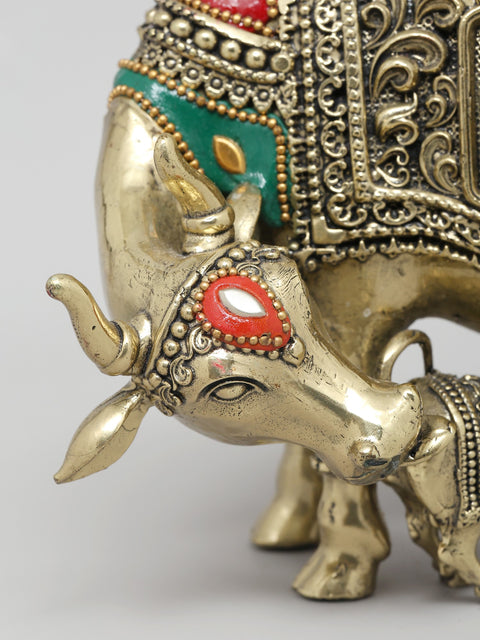 6" Small Superfine Cow and Calf with Ganesha Lakshmi Carving | Brass Statue with Inlay Work