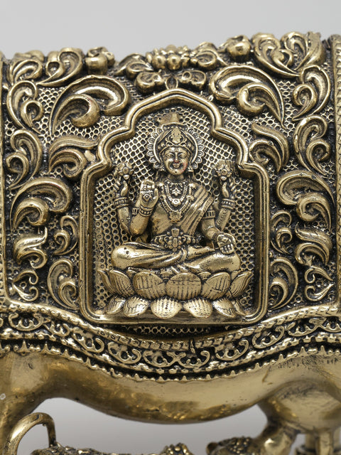 6" Small Superfine Cow and Calf with Ganesha Lakshmi Carving | Brass Statue with Inlay Work