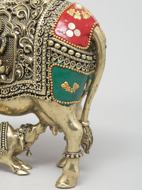 6" Small Superfine Cow and Calf with Ganesha Lakshmi Carving | Brass Statue with Inlay Work