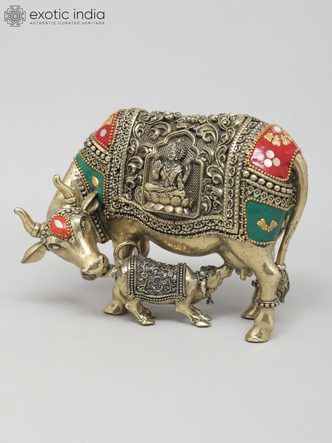 6" Small Superfine Cow and Calf with Ganesha Lakshmi Carving | Brass Statue with Inlay Work