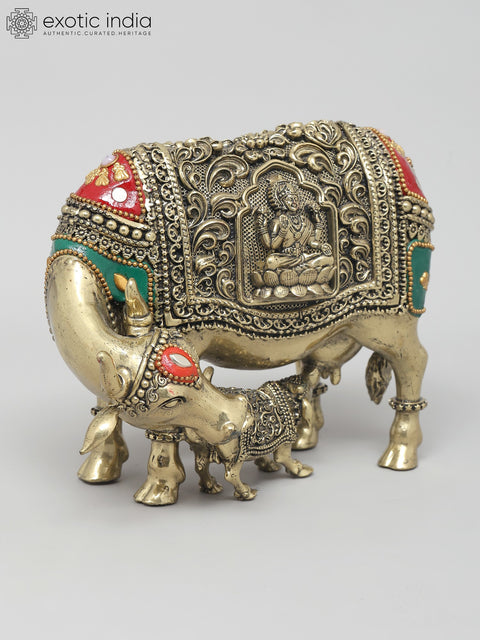 6" Small Superfine Cow and Calf with Ganesha Lakshmi Carving | Brass Statue with Inlay Work