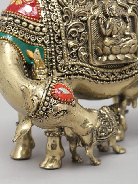 6" Small Superfine Cow and Calf with Ganesha Lakshmi Carving | Brass Statue with Inlay Work