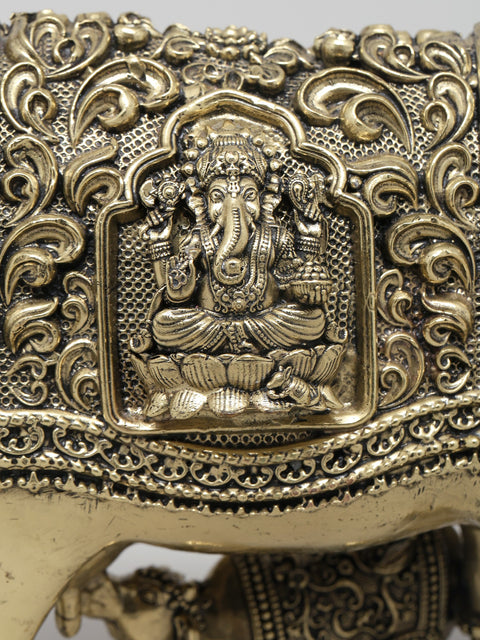 6" Small Superfine Cow and Calf with Ganesha Lakshmi Carving | Brass Statue with Inlay Work
