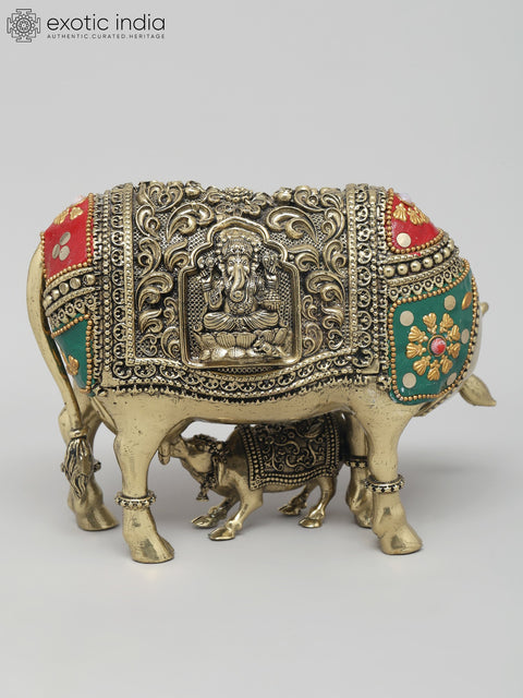 6" Small Superfine Cow and Calf with Ganesha Lakshmi Carving | Brass Statue with Inlay Work