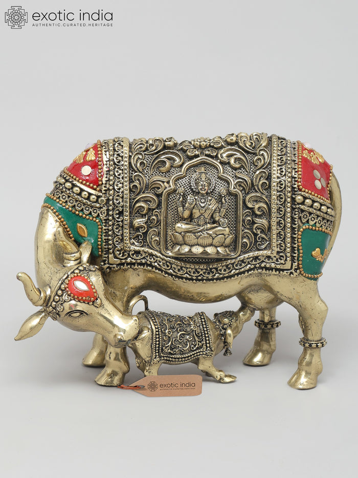 6" Brass Cow and Calf with Ganesha Lakshmi Carving Statue