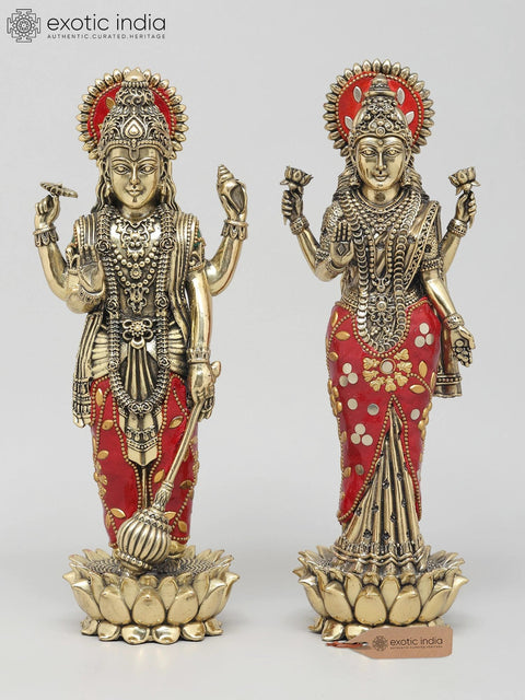 10" Standing Four Armed Lakshmi - Narayan (Vishnu - Lakshmi) in Blessing Gesture | Brass Statues with Inlay Work