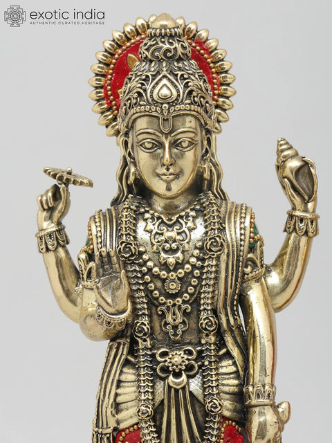 10" Standing Four Armed Lakshmi - Narayan (Vishnu - Lakshmi) in Blessing Gesture | Brass Statues with Inlay Work