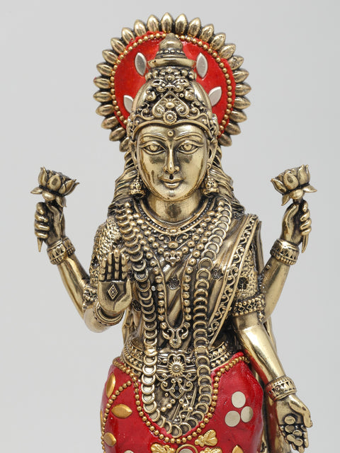 10" Standing Four Armed Lakshmi - Narayan (Vishnu - Lakshmi) in Blessing Gesture | Brass Statues with Inlay Work