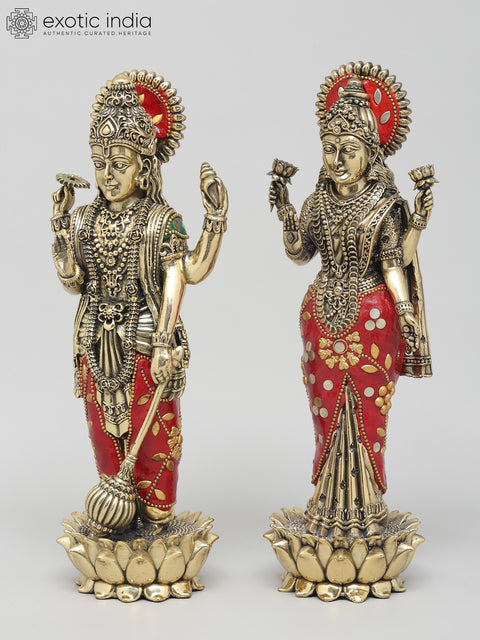 10" Standing Four Armed Lakshmi - Narayan (Vishnu - Lakshmi) in Blessing Gesture | Brass Statues with Inlay Work