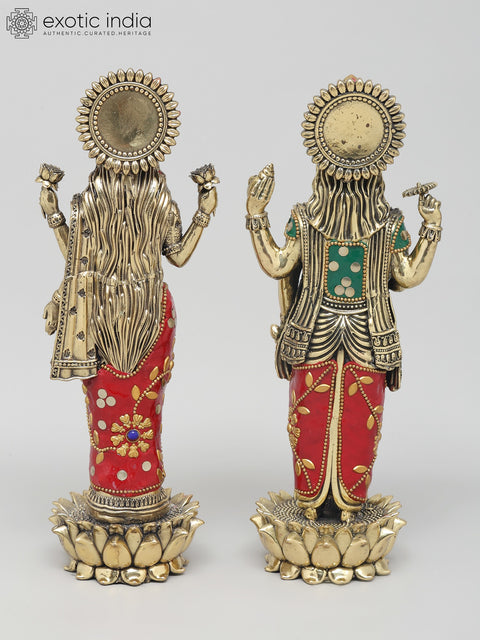 10" Standing Four Armed Lakshmi - Narayan (Vishnu - Lakshmi) in Blessing Gesture | Brass Statues with Inlay Work
