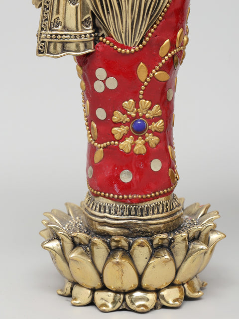 10" Standing Four Armed Lakshmi - Narayan (Vishnu - Lakshmi) in Blessing Gesture | Brass Statues with Inlay Work
