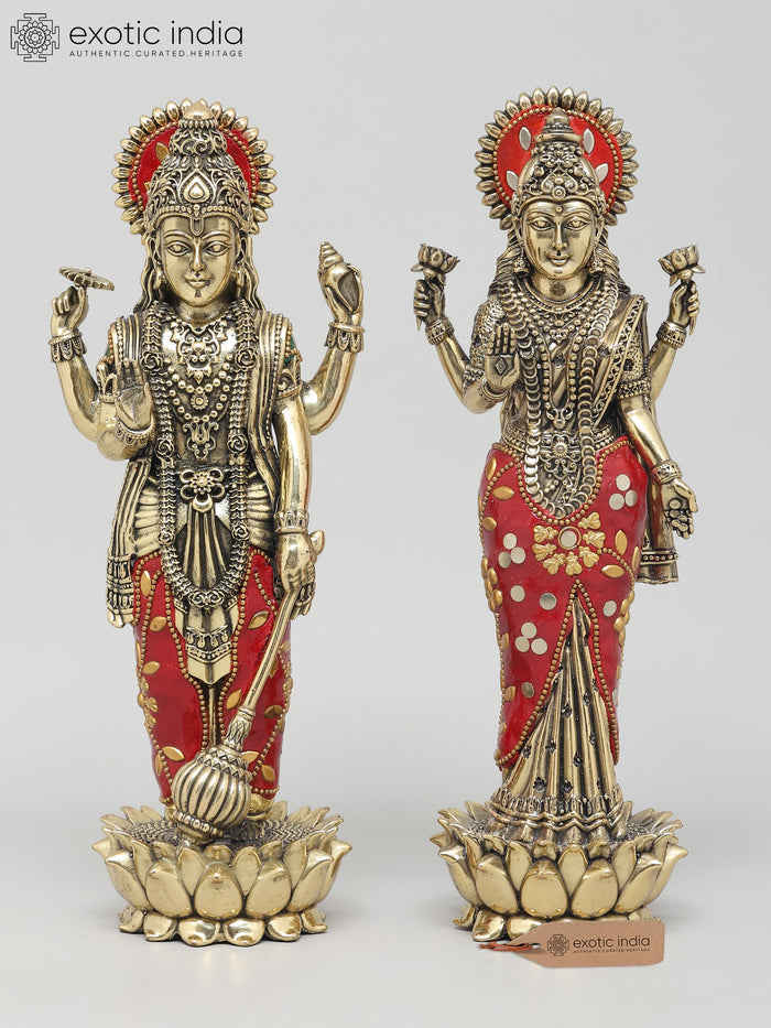 10" Lakshmi Narayan Brass Statue with Blessing Gesture and Inlay Work