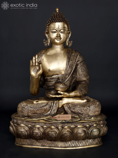36" Large Sitting Lord Buddha Vitark Mudra Brass Statue